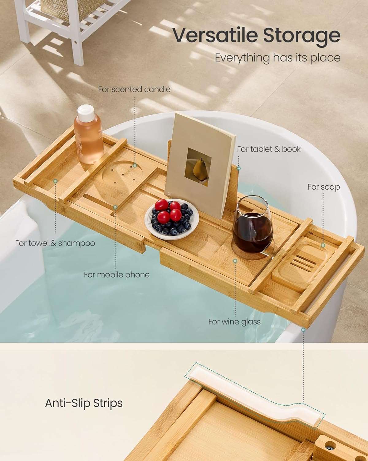 SONGMICS Suport cada extensibil din bambus, pliabil, 70–96 cm, bej natur