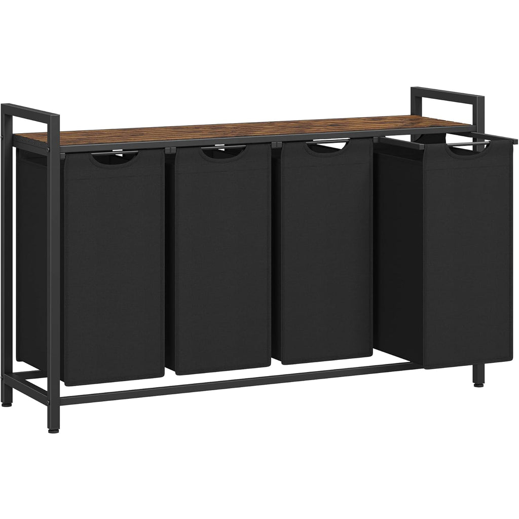 VASAGLE Cos rufe 4x40L, saci detasabili, raft superior si cadru metalic, 116x33x72 cm, maro si negru