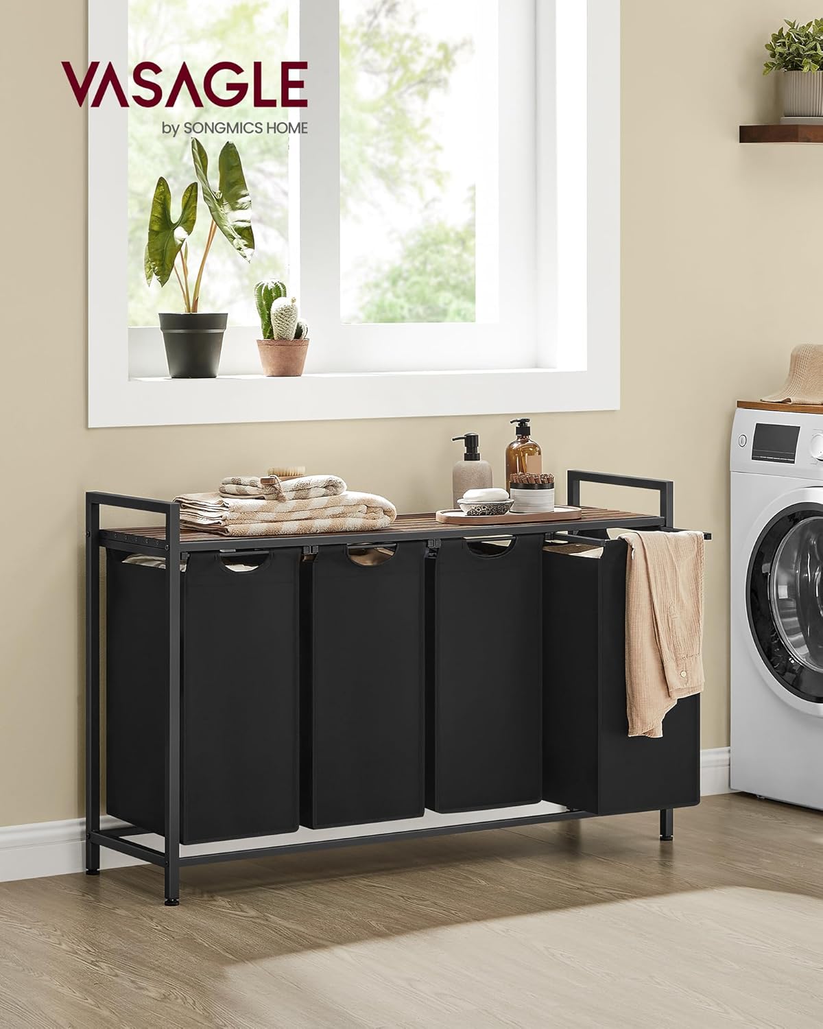 VASAGLE Cos rufe 4x40L, saci detasabili, raft superior si cadru metalic, 116x33x72 cm, maro si negru