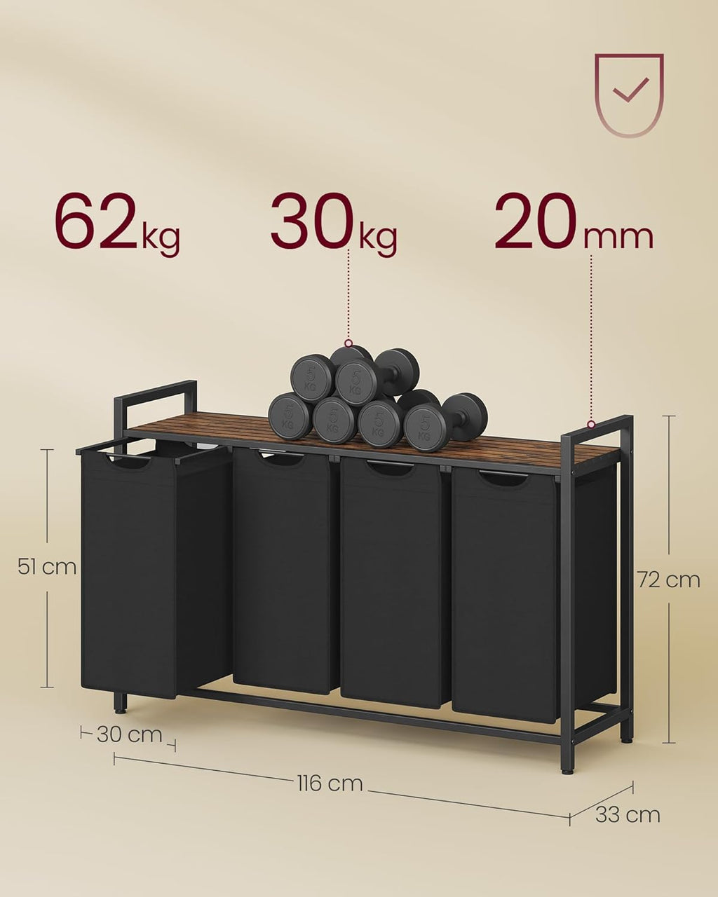 VASAGLE Cos rufe 4x40L, saci detasabili, raft superior si cadru metalic, 116x33x72 cm, maro si negru