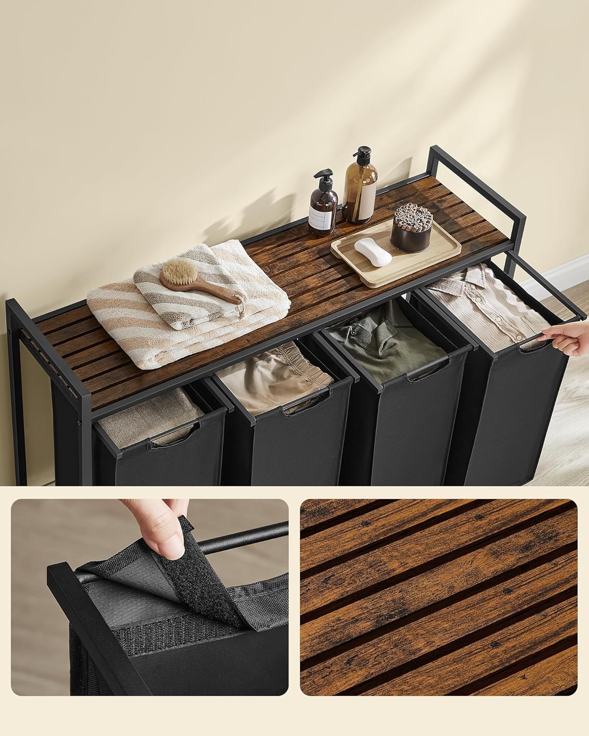 VASAGLE Cos rufe 4x40L, saci detasabili, raft superior si cadru metalic, 116x33x72 cm, maro si negru