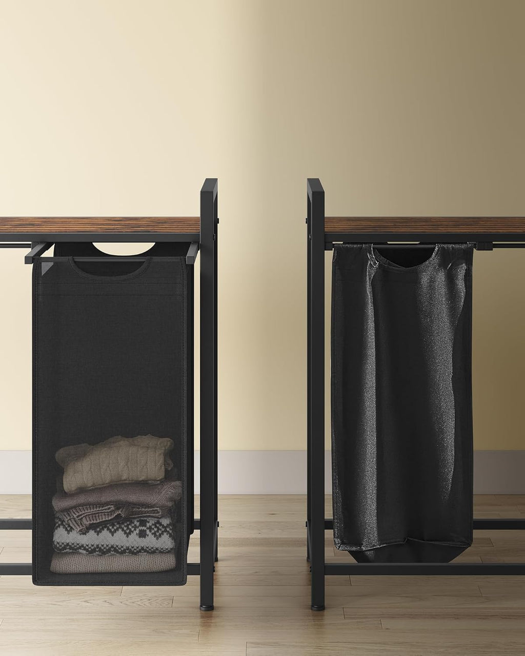 VASAGLE Cos rufe 4x40L, saci detasabili, raft superior si cadru metalic, 116x33x72 cm, maro si negru