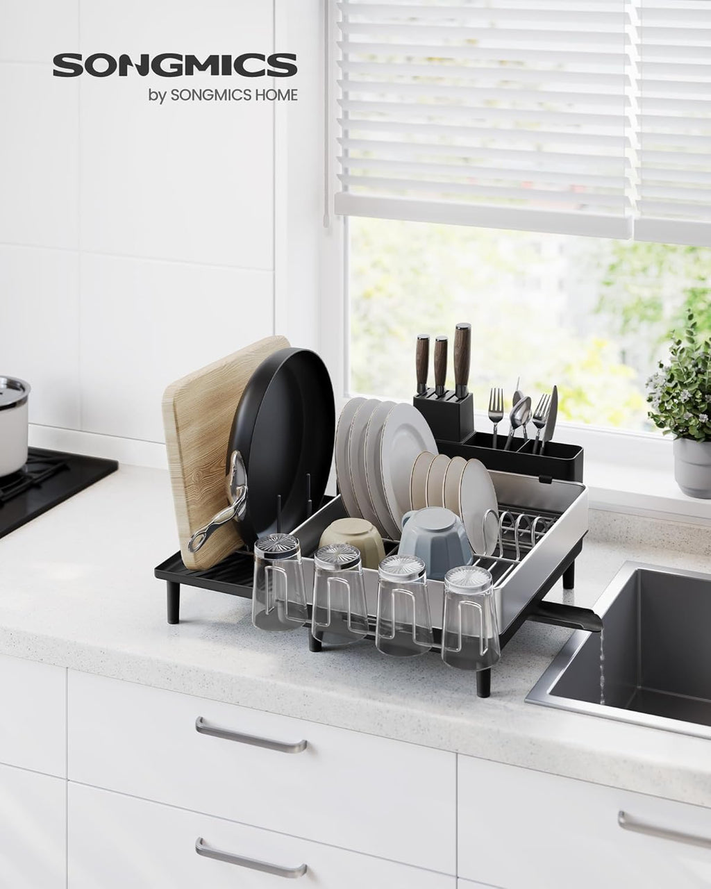 SONGMICS Suport vase inox cu scurgere extensibila, compartimente tacamuri si pahare, 51x49x23 cm, negru