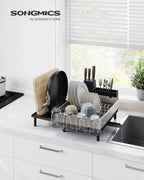 SONGMICS Suport vase inox cu scurgere extensibila, compartimente tacamuri si pahare, 51x49x23 cm, negru