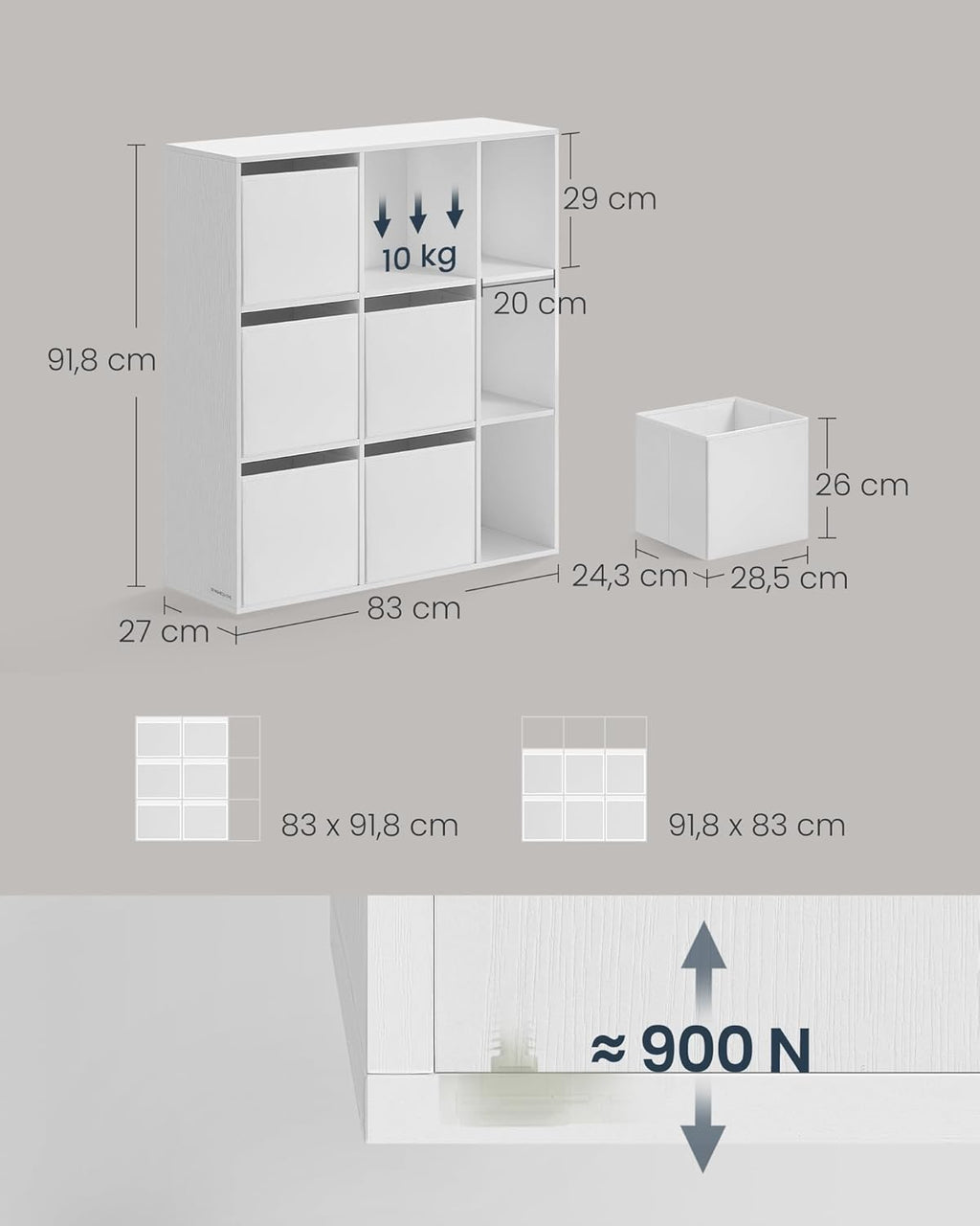 SONGMICS Etajera modulara 9 compartimente cu 6 sertare, PAL si MDF, 83x27x92 cm, alb