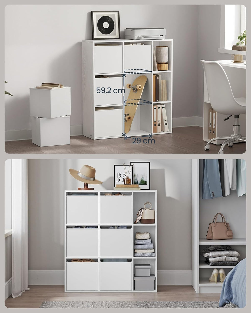 SONGMICS Etajera modulara 9 compartimente cu 6 sertare, PAL si MDF, 83x27x92 cm, alb