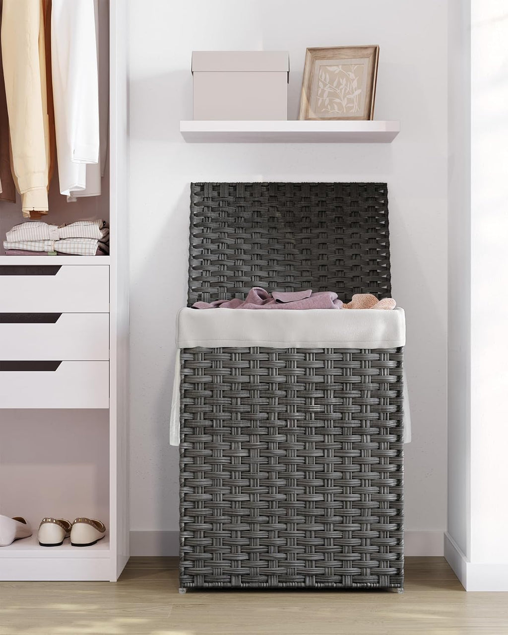 SONGMICS Cos rufe cu capac, ratan sintetic si sac detasabil, 90 L, 46x33x60 cm, gri