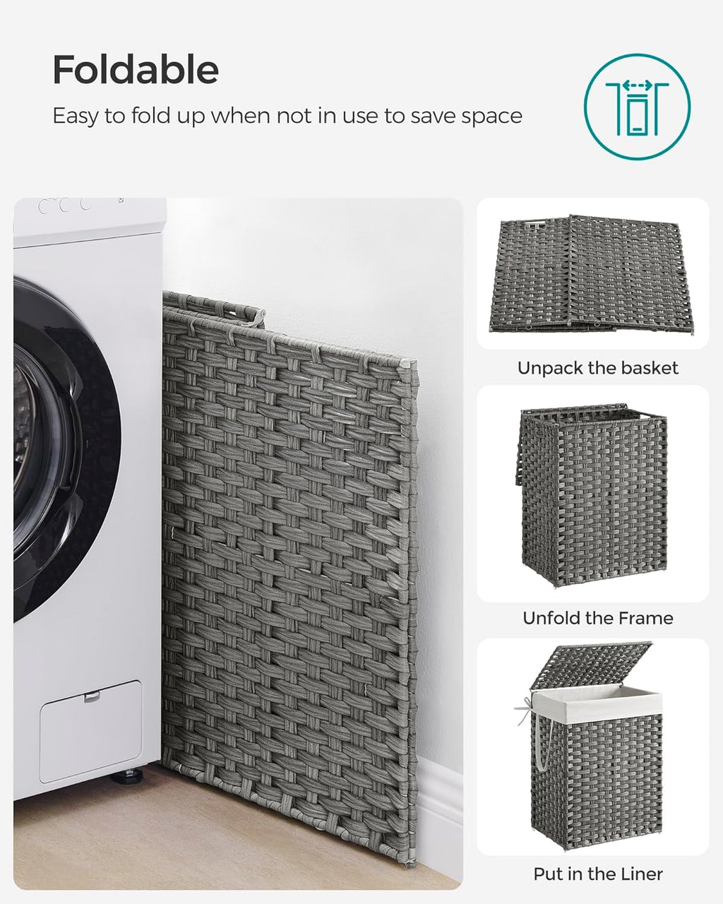 SONGMICS Cos rufe cu capac, ratan sintetic si sac detasabil, 90 L, 46x33x60 cm, gri