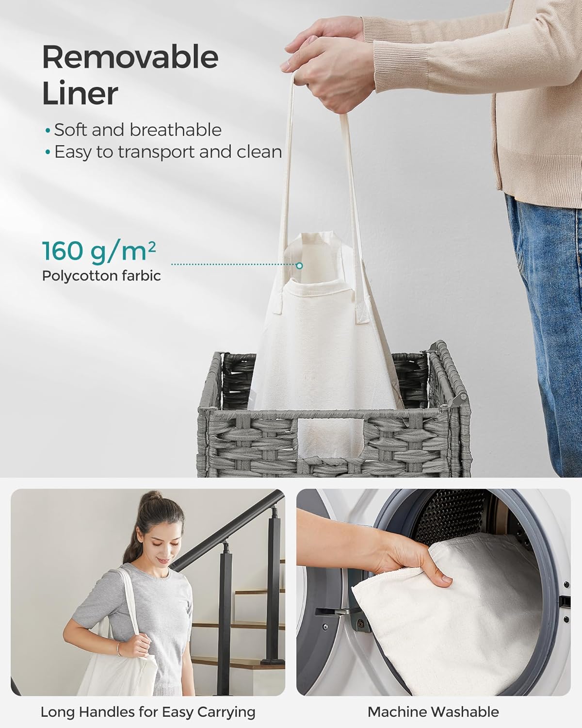 SONGMICS Cos rufe cu capac, ratan sintetic si sac detasabil, 90 L, 46x33x60 cm, gri