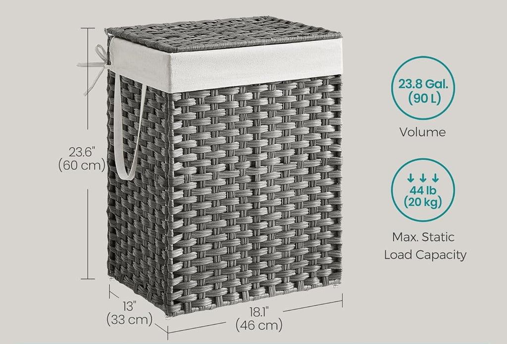 SONGMICS Cos rufe cu capac, ratan sintetic si sac detasabil, 90 L, 46x33x60 cm, gri