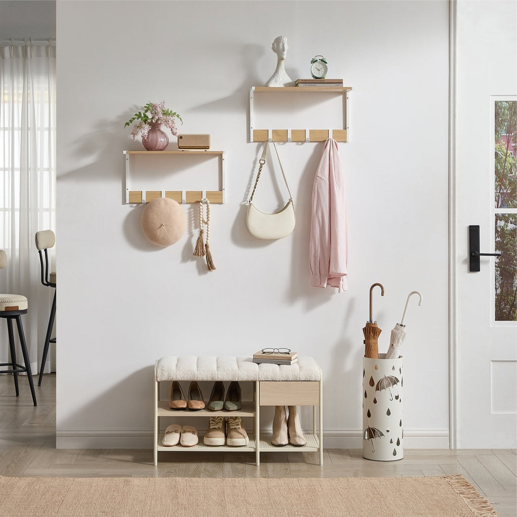 VASAGLE Set 2 cuiere cu rafturi perete, PAL si otel, 50x24x27 cm, stejar, alb