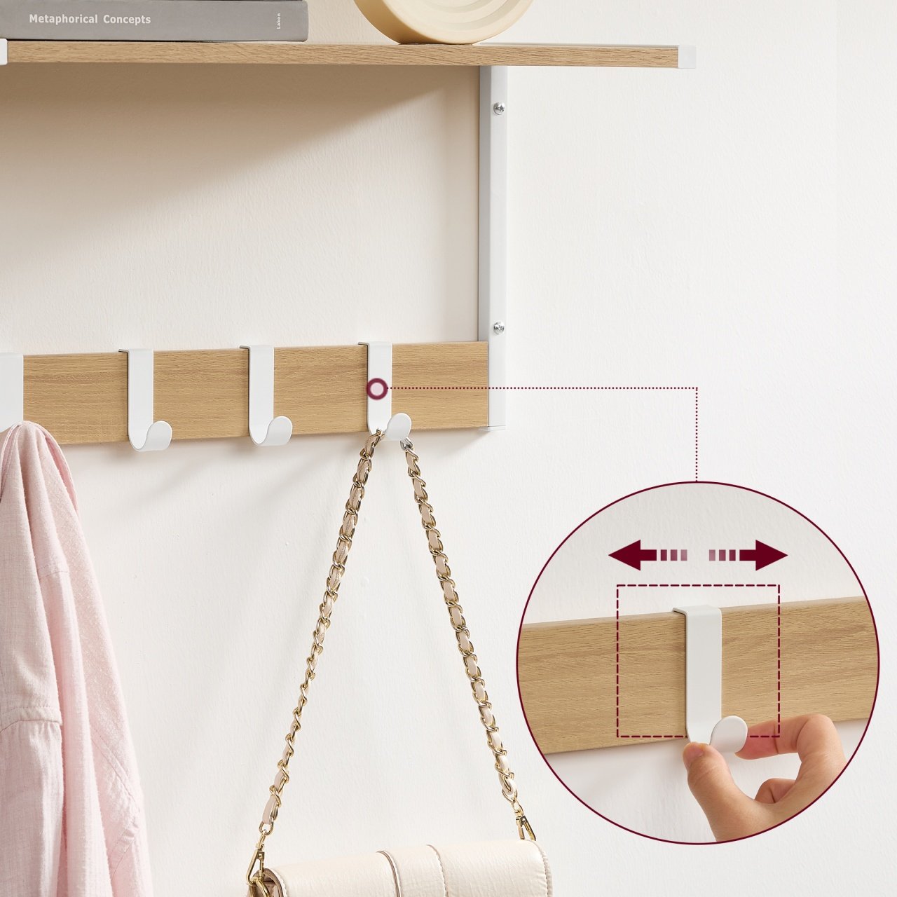 VASAGLE Set 2 cuiere cu rafturi perete, PAL si otel, 50x24x27 cm, stejar, alb