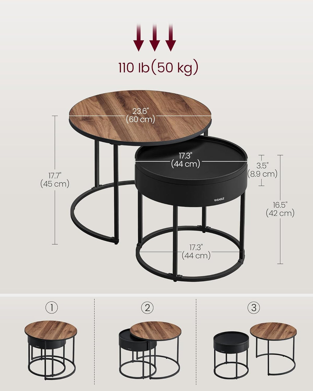 VASAGLE Set 2 masute cafea, cu blat detasabil si spatiu de depozitare ascuns, 45x45x42 cm, culoare nuc