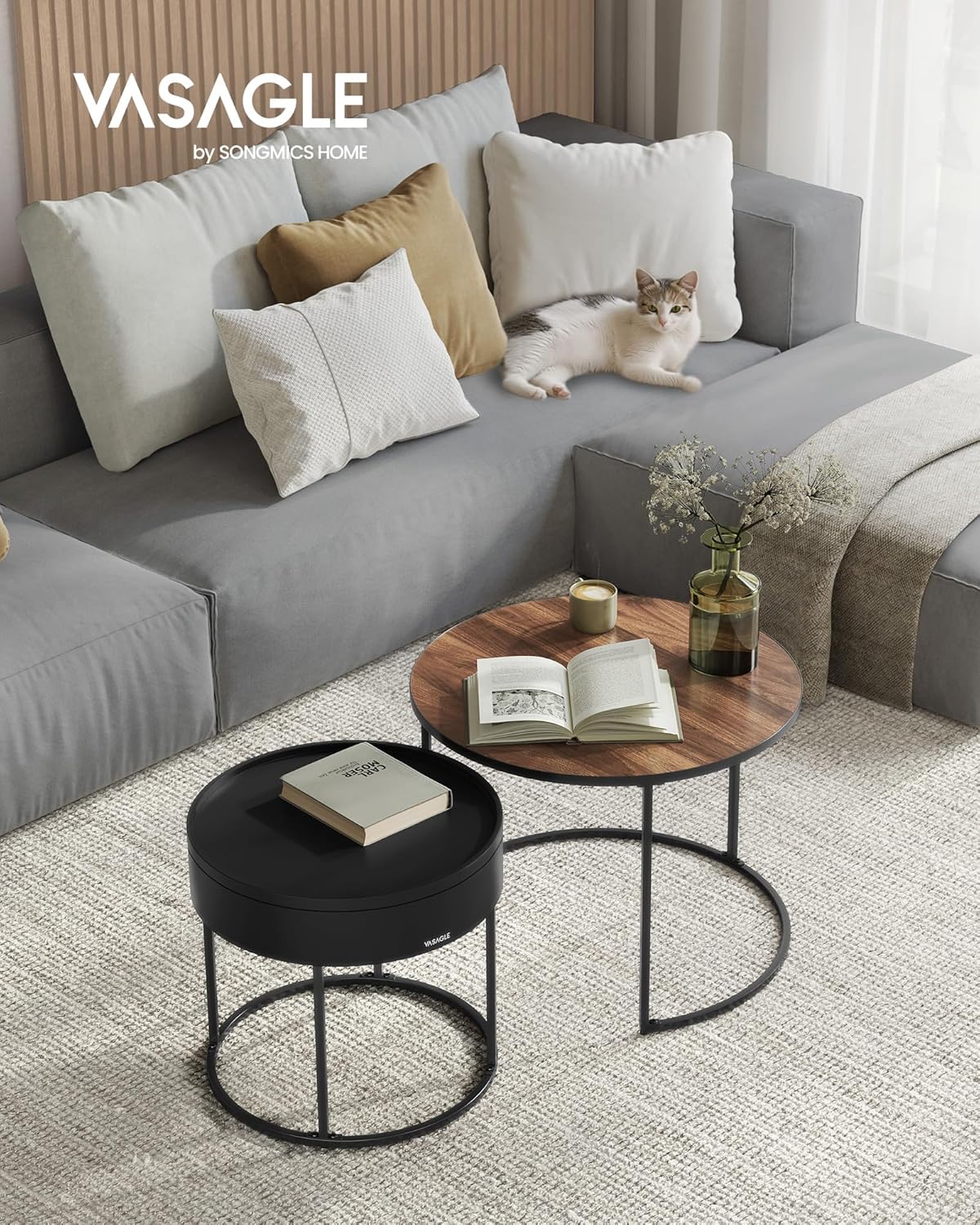 VASAGLE Set 2 masute cafea, cu blat detasabil si spatiu de depozitare ascuns, 45x45x42 cm, culoare nuc