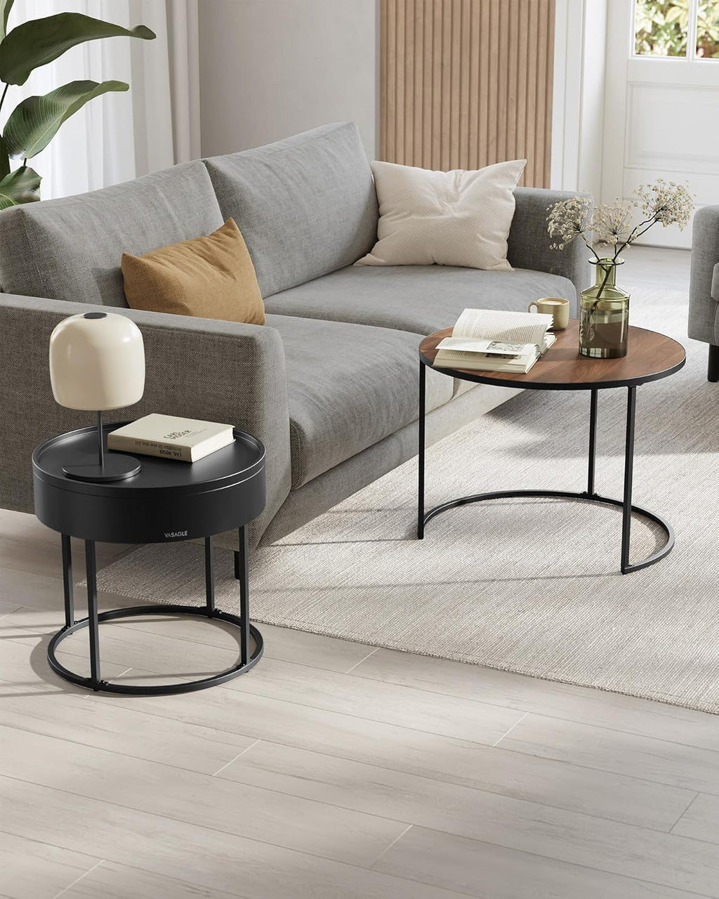 VASAGLE Set 2 masute cafea, cu blat detasabil si spatiu de depozitare ascuns, 45x45x42 cm, culoare nuc