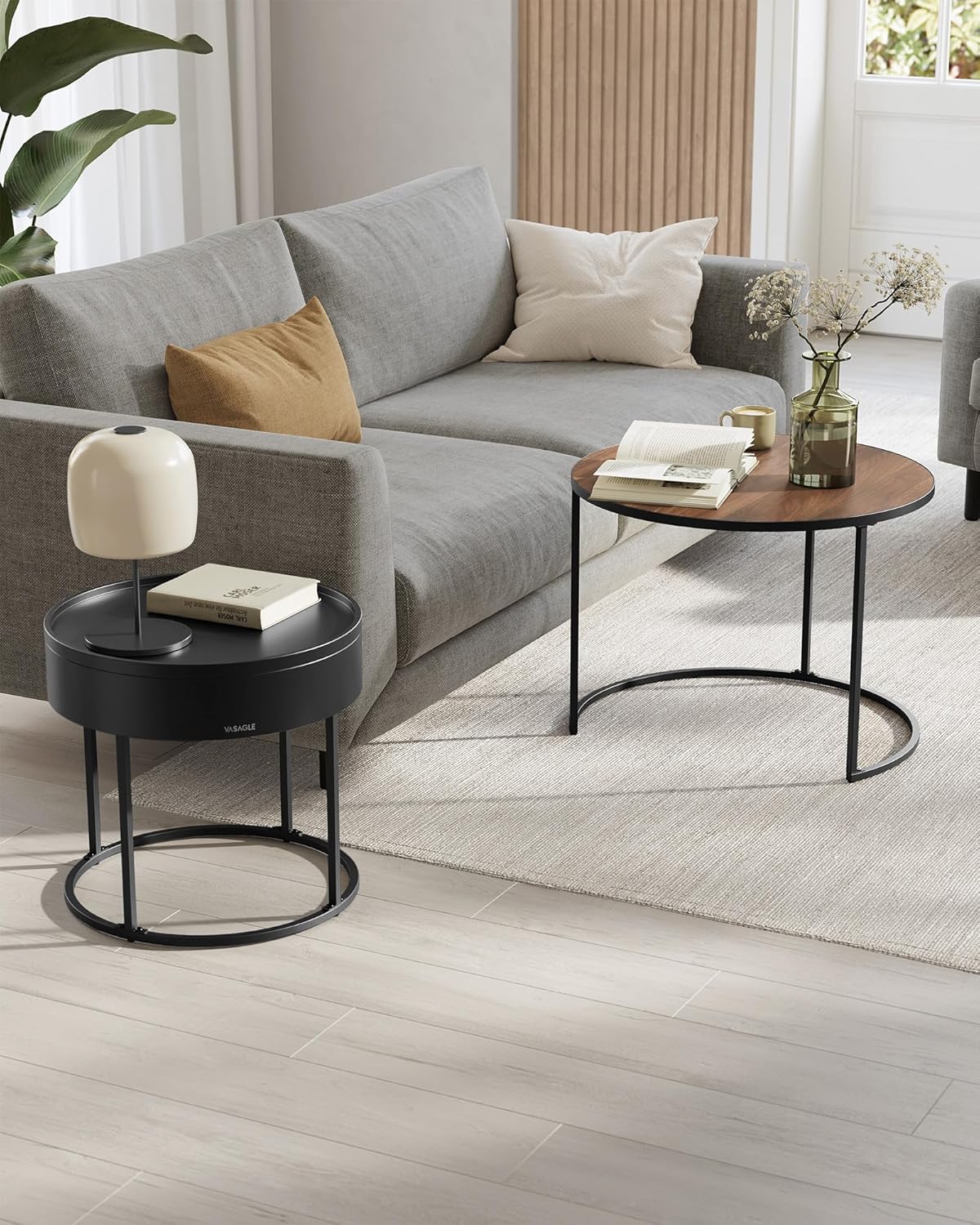 VASAGLE Set 2 masute cafea, cu blat detasabil si spatiu de depozitare ascuns, 45x45x42 cm, culoare nuc