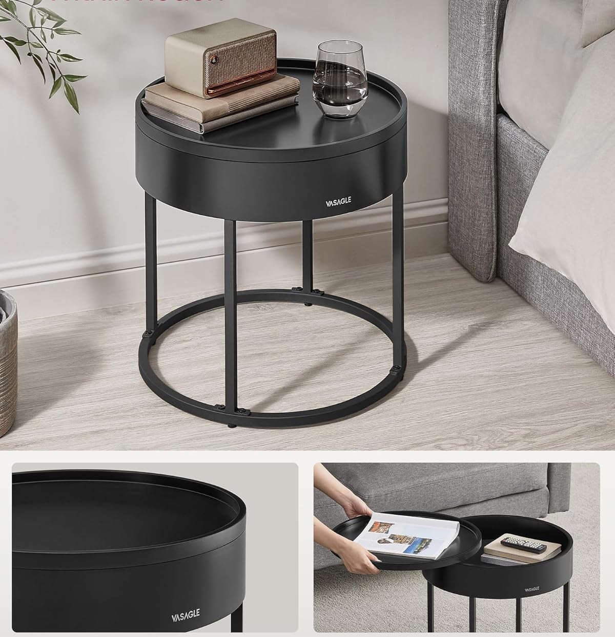 VASAGLE Set 2 masute cafea, cu blat detasabil si spatiu de depozitare ascuns, 45x45x42 cm, culoare nuc