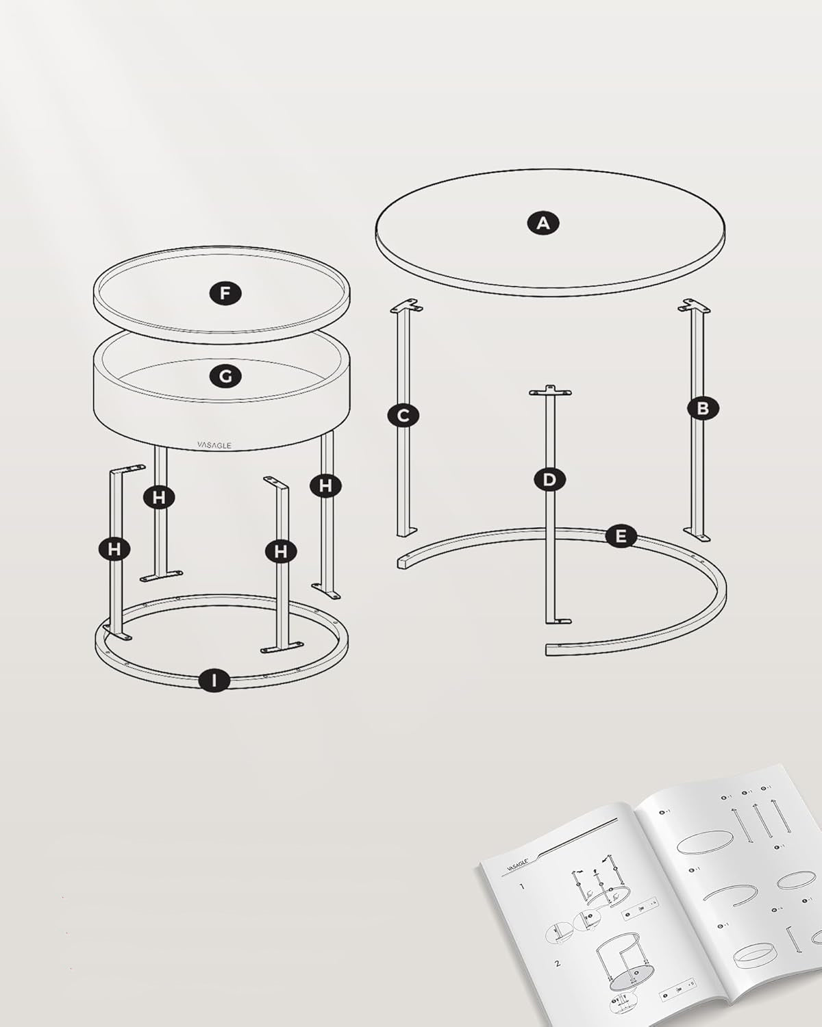 VASAGLE Set 2 masute cafea, cu blat detasabil si spatiu de depozitare ascuns, 45x45x42 cm, culoare nuc