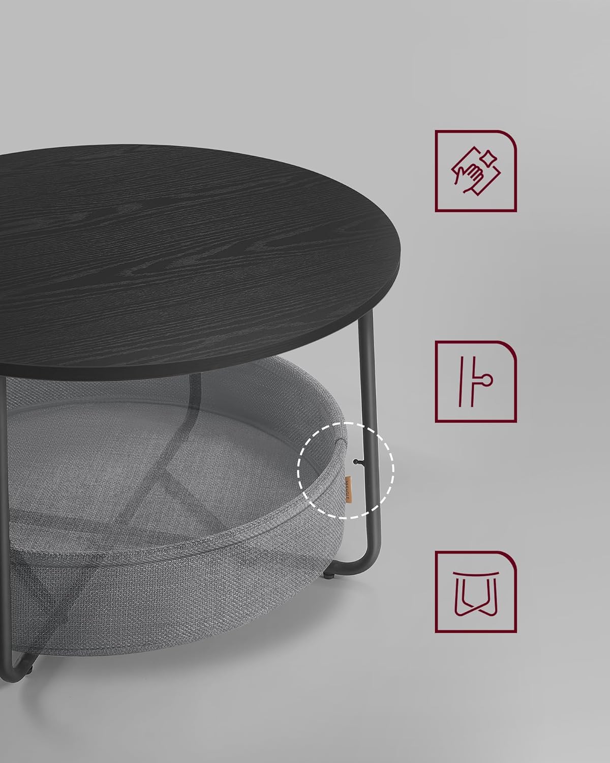 VASAGLE Masuta de cafea rotunda cu cos de stofa, stil modern, 45x75cm, negru cu gri