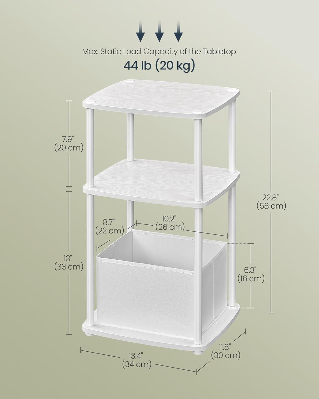 SONGMICS Masuta laterala tip noptiera, cu 3 rafturi si cos textil, cadru metalic, 30x34x58 cm, alb mat