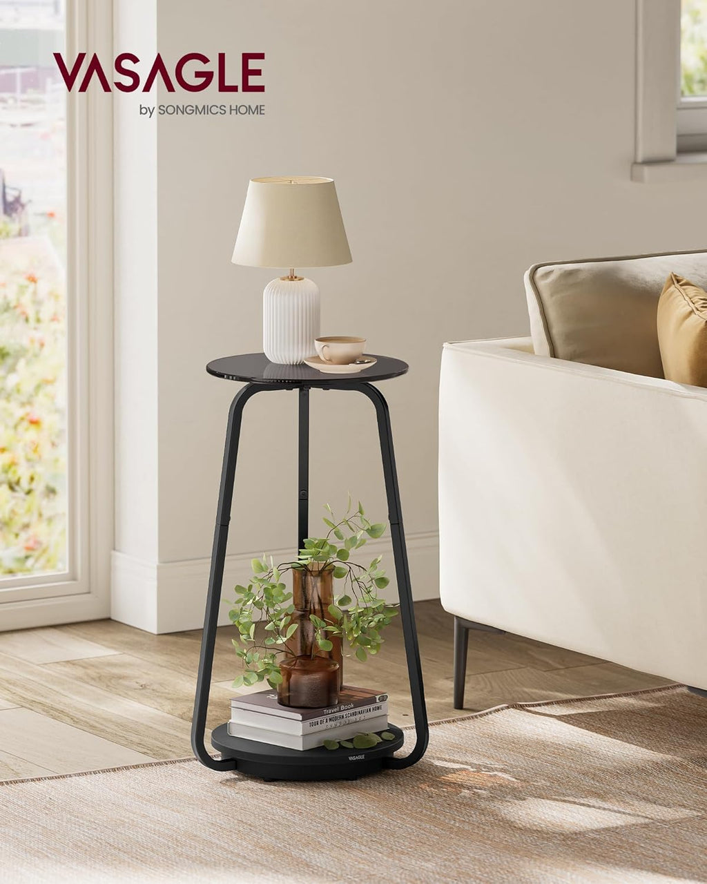 VASAGLE Masuta rotunda tip noptiera, blat din sticla si raft inferior din PAL, cadru metalic, 30x30x55 cm, negru