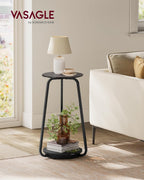 VASAGLE Masuta rotunda tip noptiera, blat din sticla si raft inferior din PAL, cadru metalic, 30x30x55 cm, negru