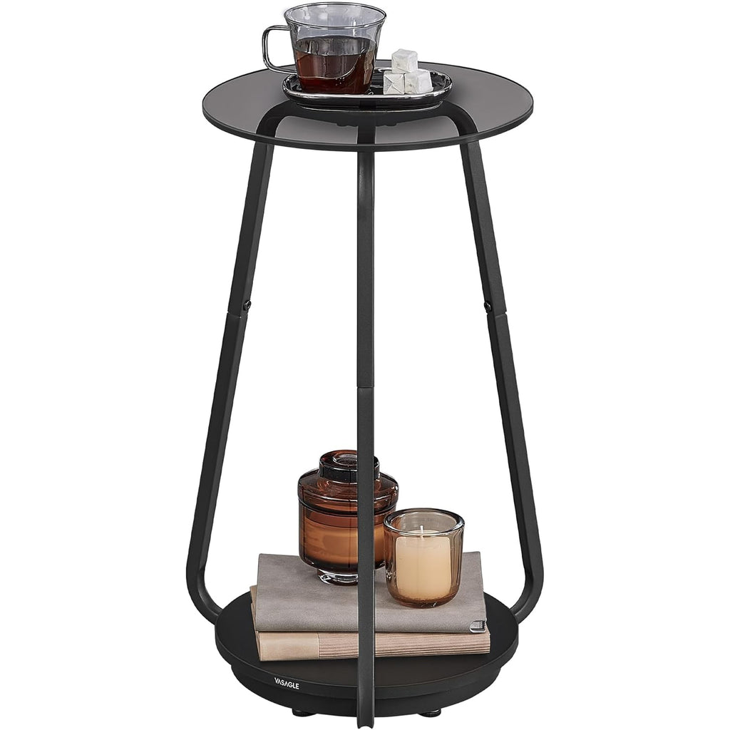 VASAGLE Masuta rotunda tip noptiera, blat din sticla si raft inferior din PAL, cadru metalic, 30x30x55 cm, negru