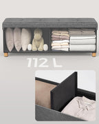 SONGMICS Bancuta depozitare pliabila cu picioare din lemn, 112 litri, textil, 110x38x40 cm, gri