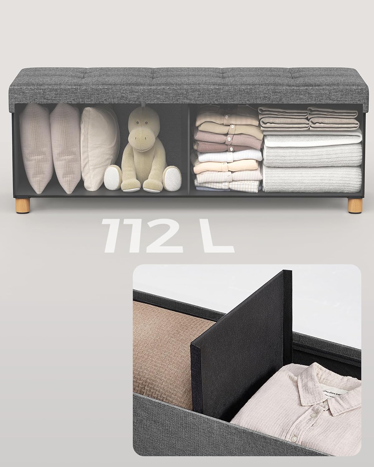 SONGMICS Bancuta depozitare pliabila cu picioare din lemn, 112 litri, textil, 110x38x40 cm, gri