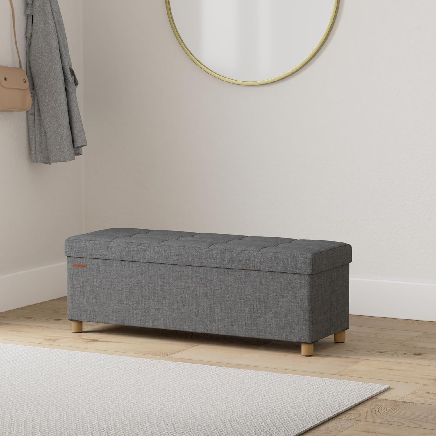 SONGMICS Bancuta depozitare pliabila cu picioare din lemn, 112 litri, textil, 110x38x40 cm, gri