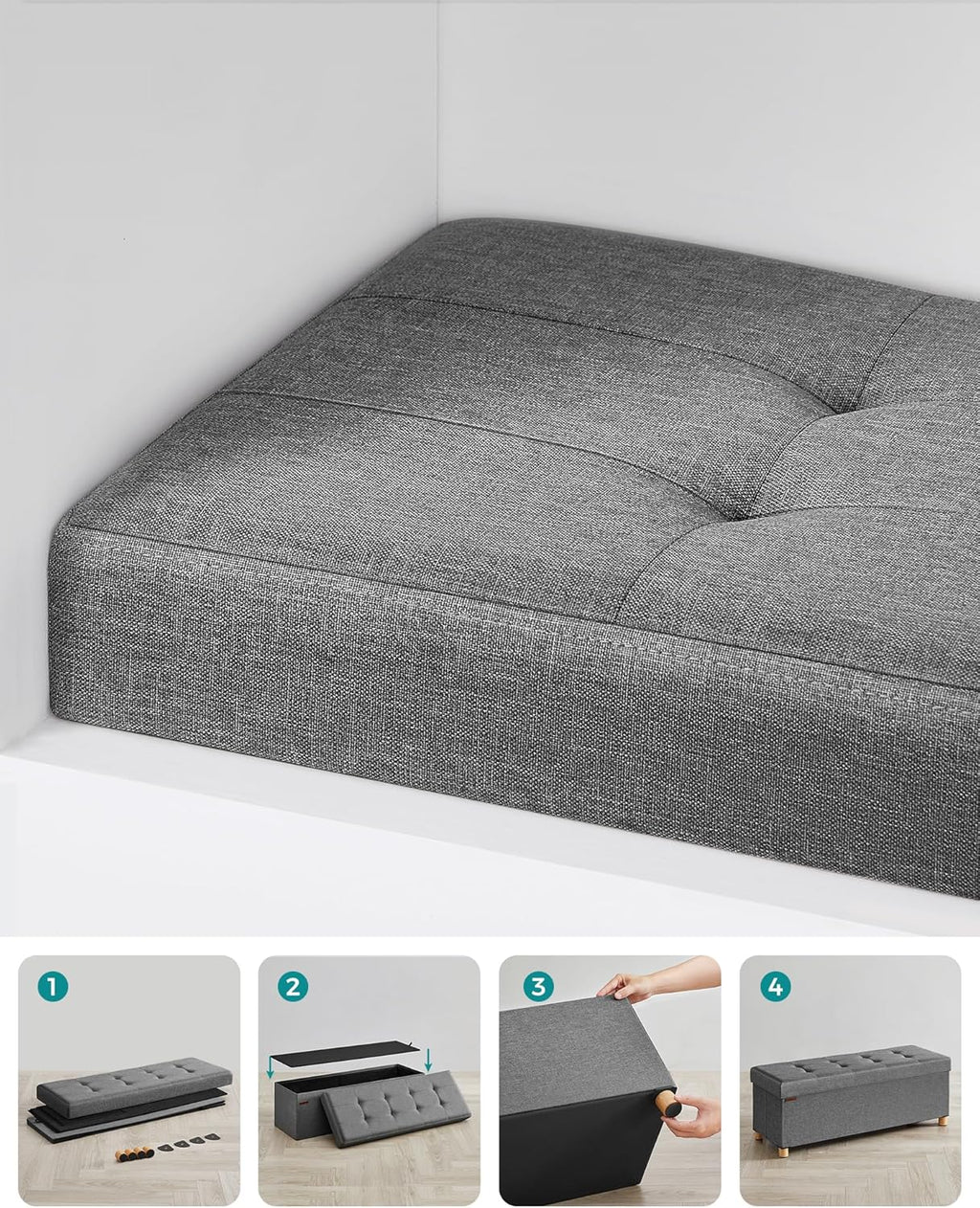 SONGMICS Bancuta depozitare pliabila cu picioare din lemn, 112 litri, textil, 110x38x40 cm, gri