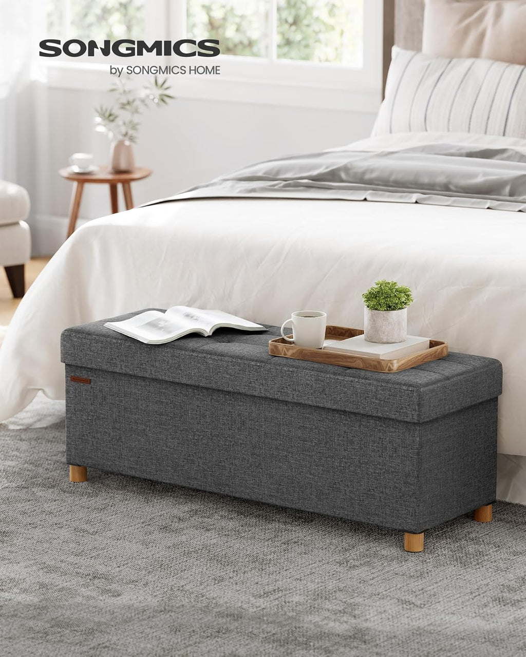 SONGMICS Bancuta depozitare pliabila cu picioare din lemn, 112 litri, textil, 110x38x40 cm, gri