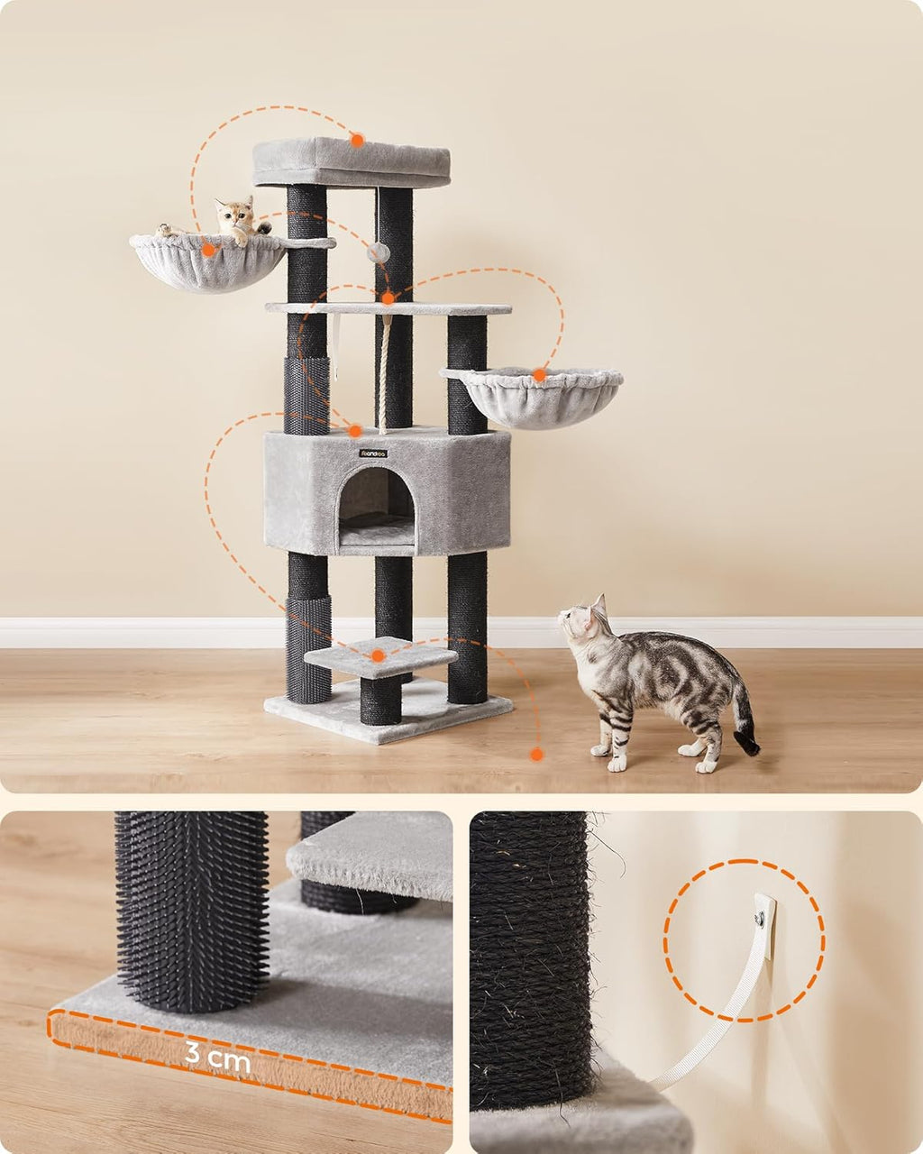 FEANDREA Ansamblu de joaca pisici, cu 9 stalpi de sisal, platforme mari si casuta, 50x50x160 cm, gri