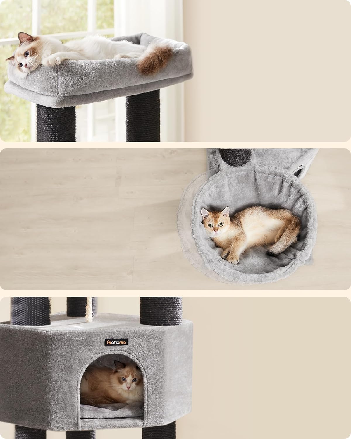 FEANDREA Ansamblu de joaca pisici, cu 9 stalpi de sisal, platforme mari si casuta, 50x50x160 cm, gri