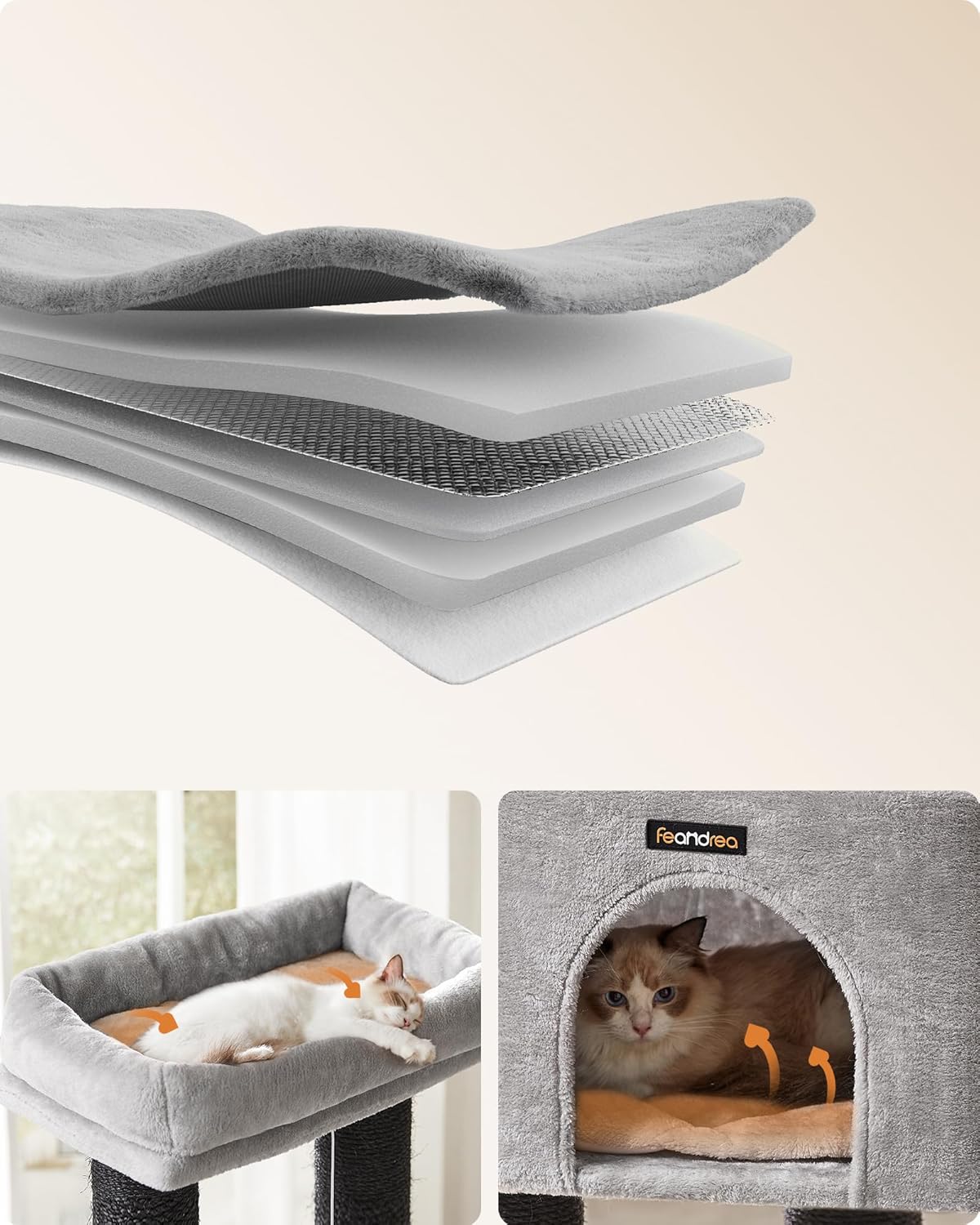 FEANDREA Ansamblu de joaca pisici, cu 9 stalpi de sisal, platforme mari si casuta, 50x50x160 cm, gri