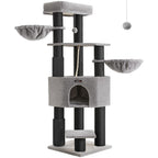 FEANDREA Ansamblu de joaca pisici, cu 9 stalpi de sisal, platforme mari si casuta, 50x50x160 cm, gri
