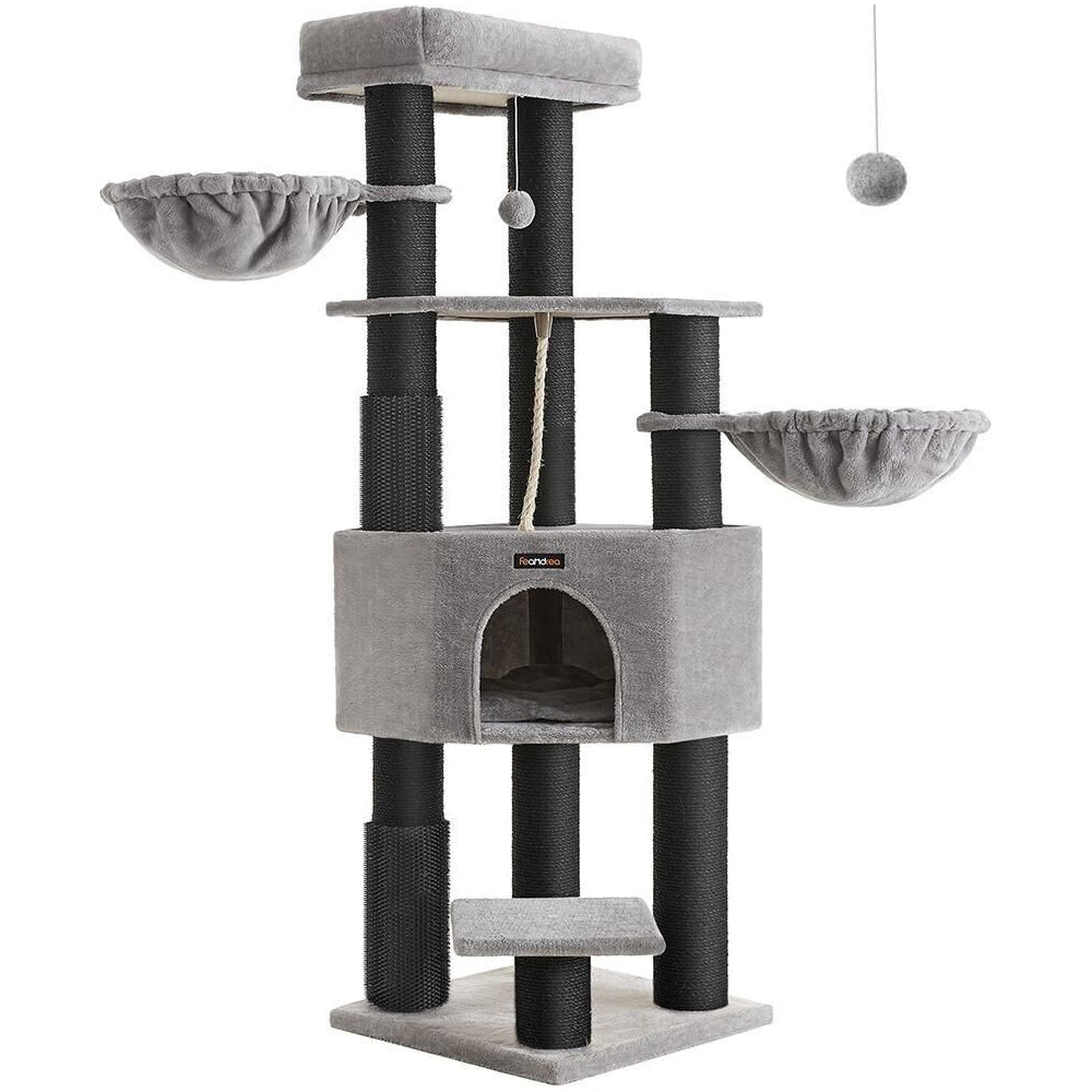 FEANDREA Ansamblu de joaca pisici, cu 9 stalpi de sisal, platforme mari si casuta, 50x50x160 cm, gri