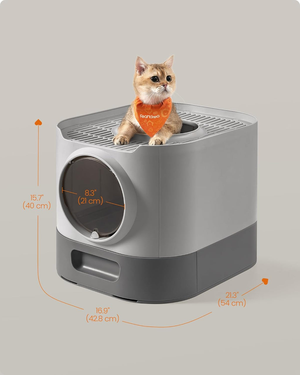 FEANDREA Litiera pisici XL cu 2 cai de acces, tava glisanta curaare rapida, 54x43x40 cm, gri