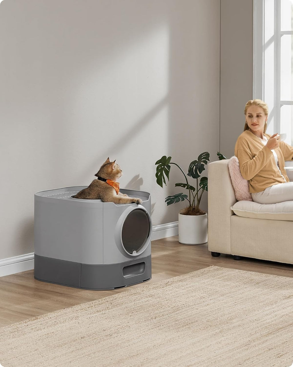 FEANDREA Litiera pisici XL cu 2 cai de acces, tava glisanta curaare rapida, 54x43x40 cm, gri