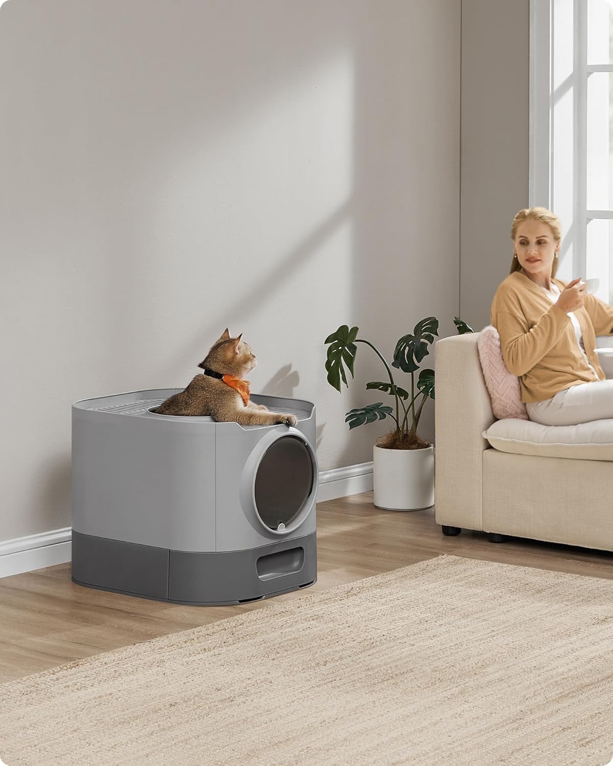 FEANDREA Litiera pisici XL cu 2 cai de acces, tava glisanta curaare rapida, 54x43x40 cm, gri