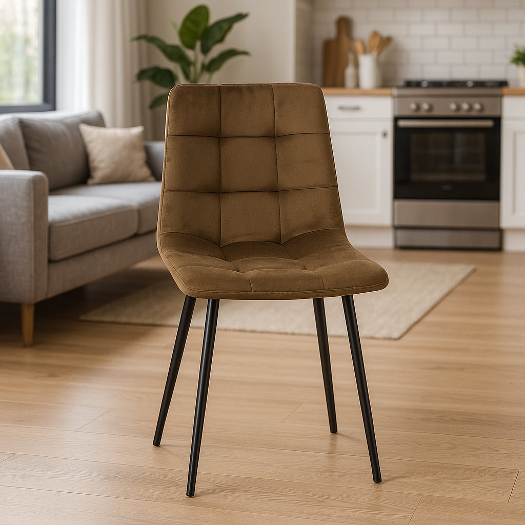 Scaun living tapitat cu catifea, spatar matlasat, 44x54x89 cm, maro