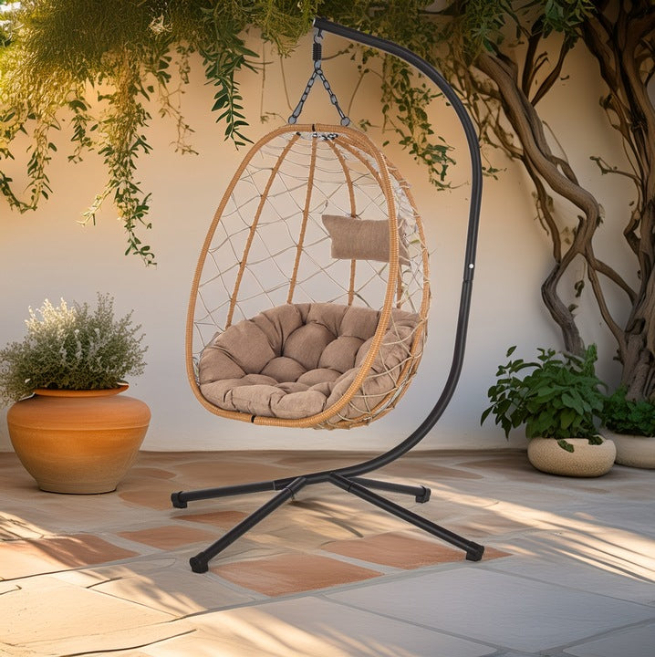 Leagan tip cuib suspendat, cu perna, cadru metalic si cos PE, 103x95x185 cm, maro