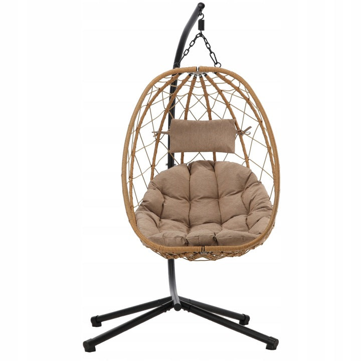 Leagan tip cuib suspendat, cu perna, cadru metalic si cos PE, 103x95x185 cm, maro