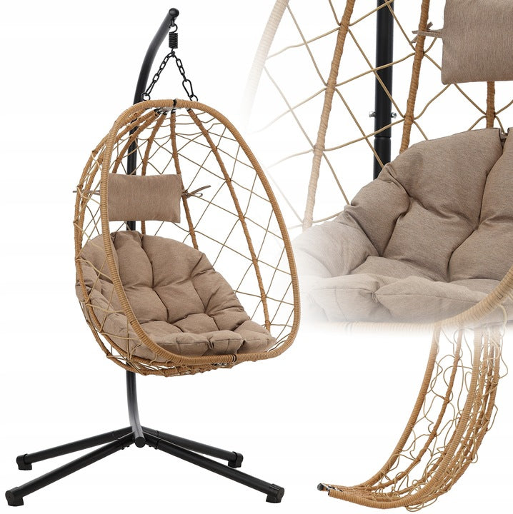 Leagan tip cuib suspendat, cu perna, cadru metalic si cos PE, 103x95x185 cm, maro