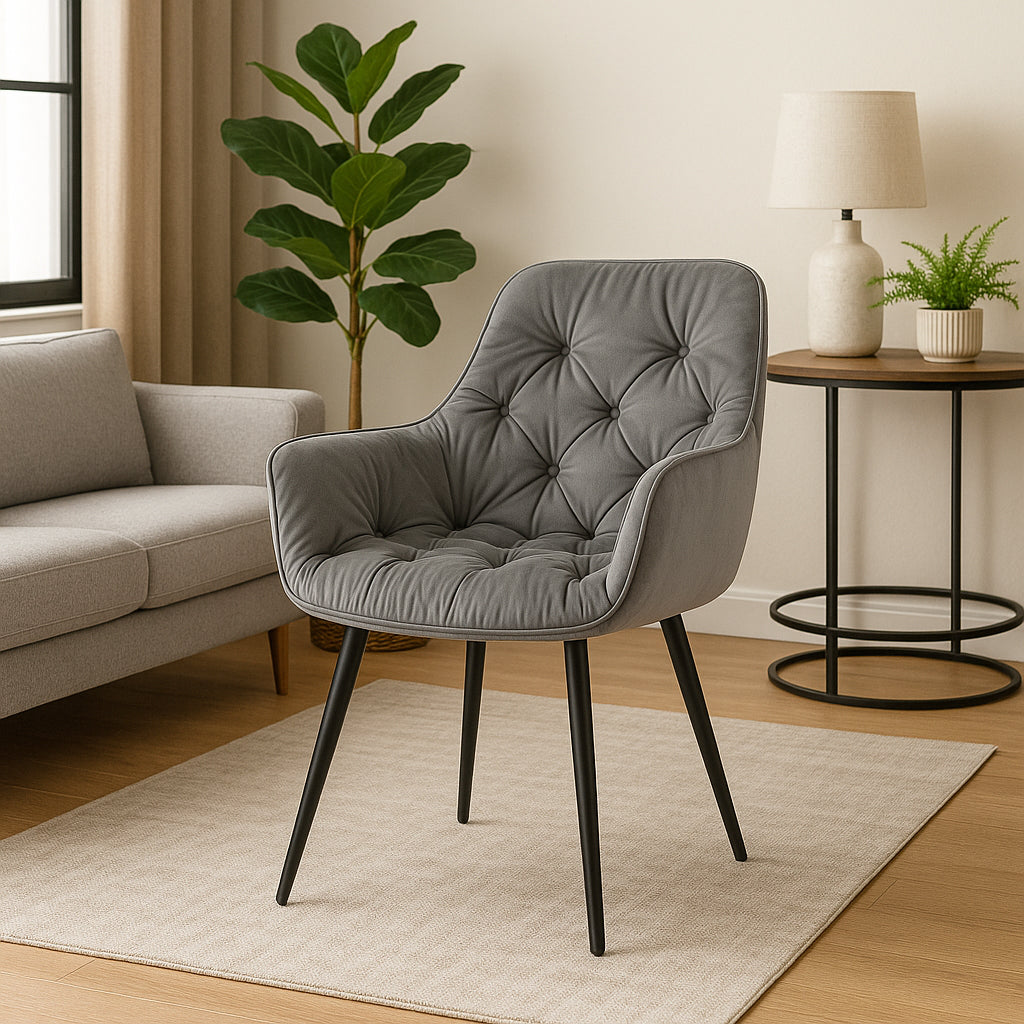 Fotoliu catifea tapitat, cu spatar inalt si design cu cusaturi, 55x60x89 cm, gri