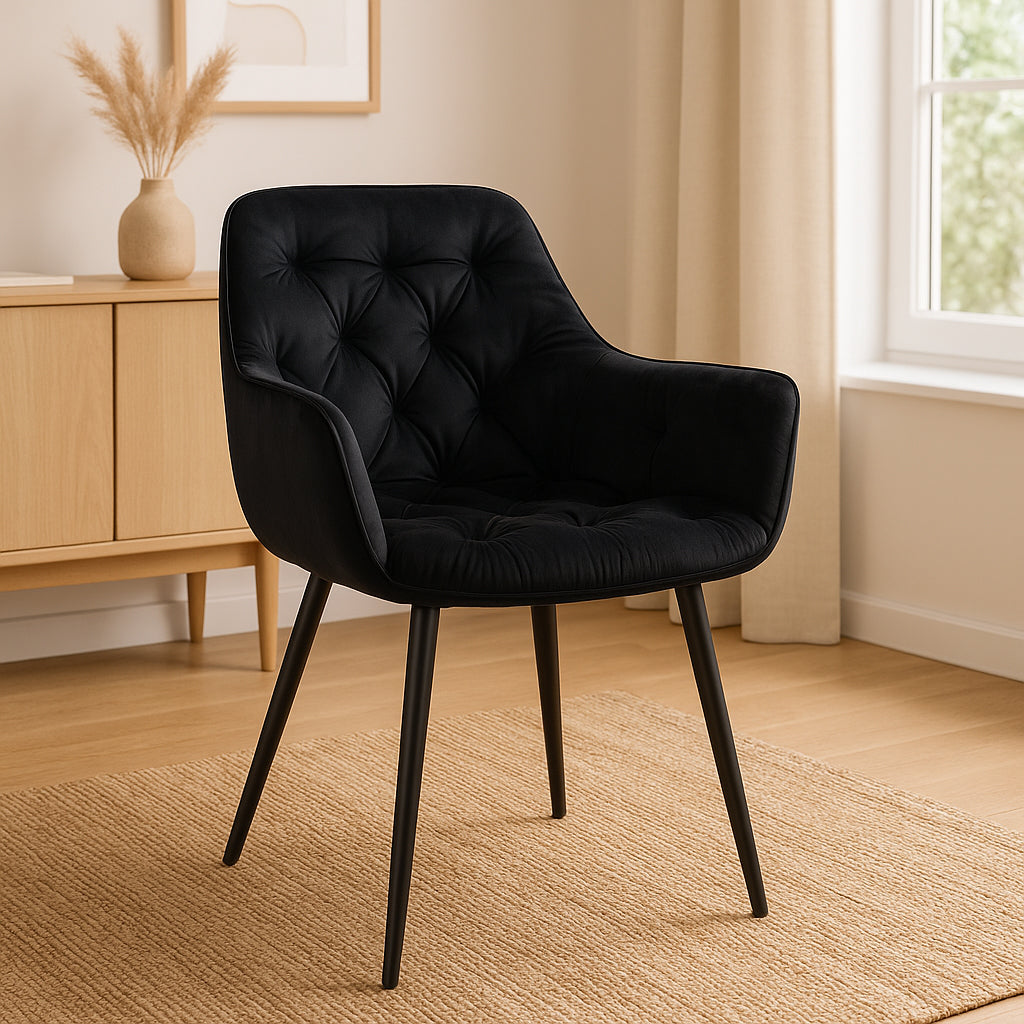 Fotoliu catifea tapitat, cu spatar inalt si design cu cusaturi, 55x60x89 cm, negru