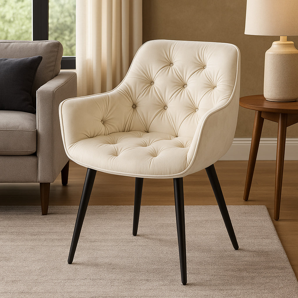 Fotoliu catifea tapitat, cu spatar inalt si design cu cusaturi, 55x60x89 cm, bej