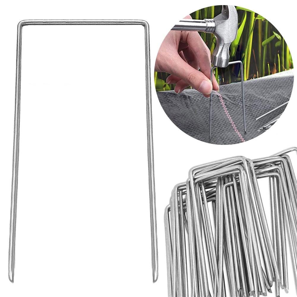 Set 100 ancore metalice pentru fixare agrotextil, 15x7 cm, argintiu