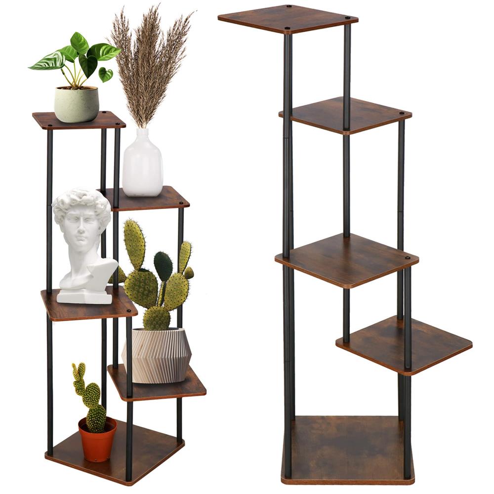 Suport pentru flori, 106x58 cm, negru/maro deschis – 5 rafturi, structura metalica, design modern