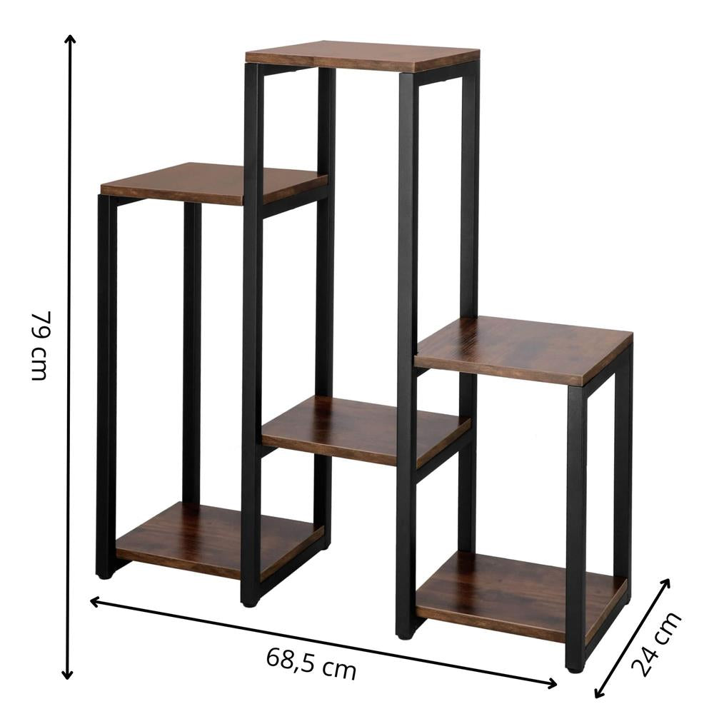 Suport pentru flori, 79x69x24 cm, negru/maro inchis – 6 rafturi, cadru metalic, design modern